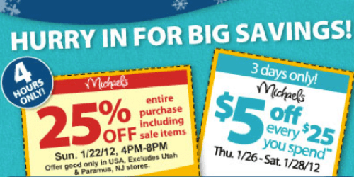 Michaels: 25% Off Your Entire Purchase Coupon – Including Sale Items (4PM-8PM Today Only) + More