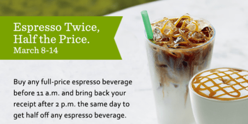 Starbucks: Buy 1 Espresso Get 1 50% Off (3/8-3/14)