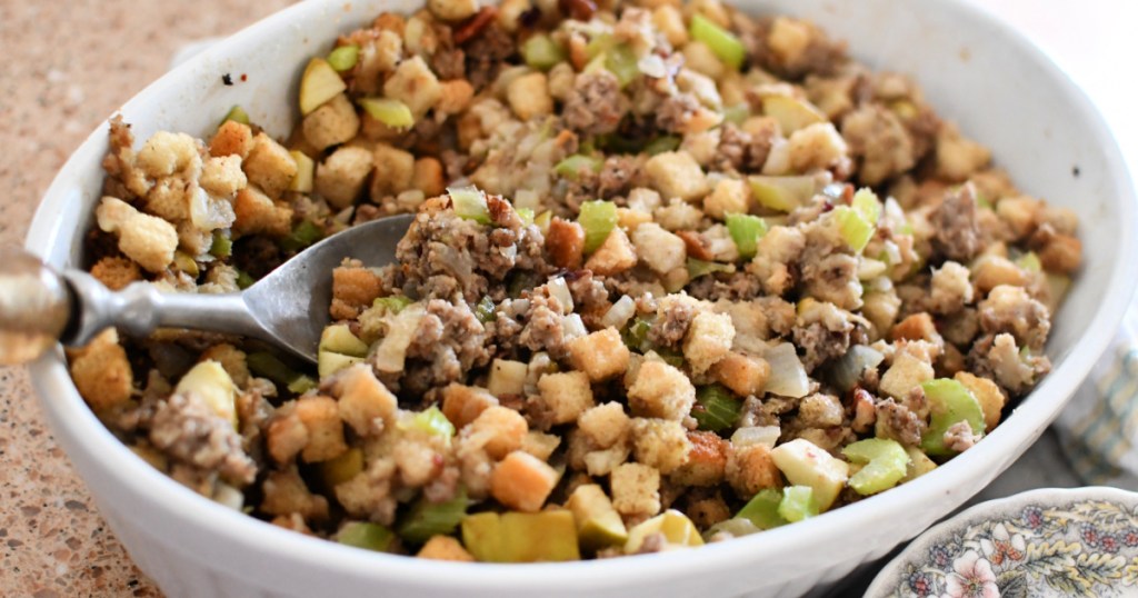 casserole dish with sausage stuffing thanksgiving