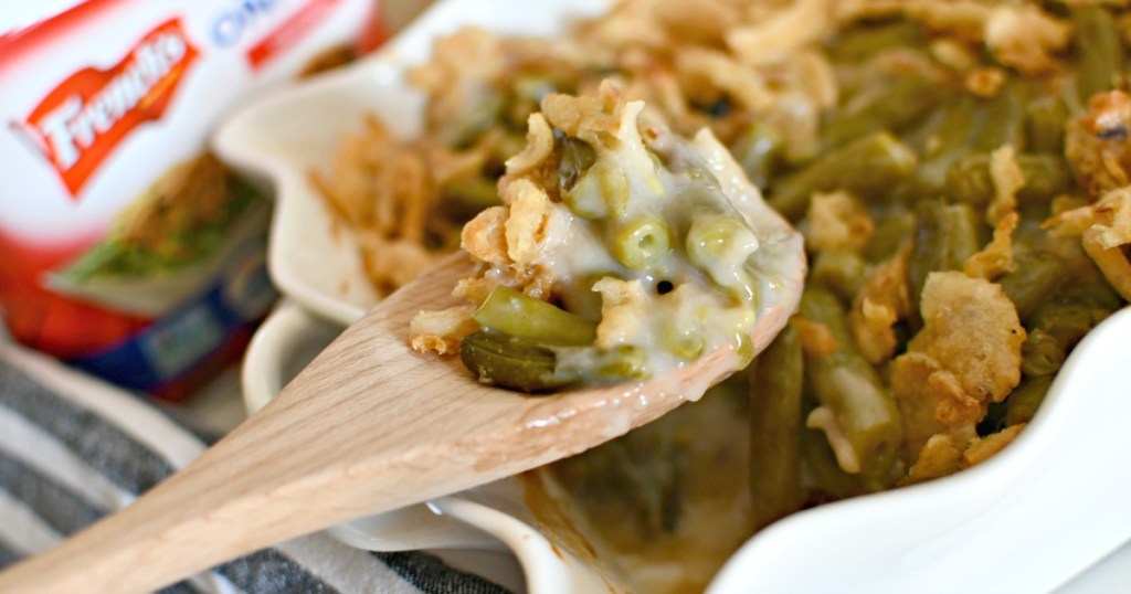 green bean casserole on a spoon 