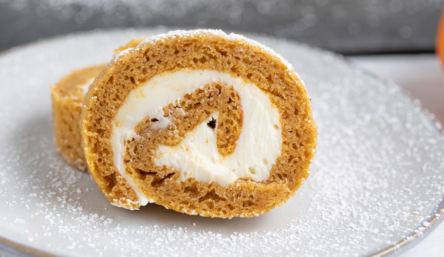 close up of pumpkin swiss roll slice