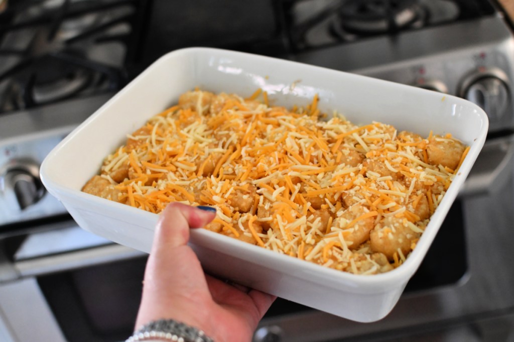 tater tot casserole ready for the oven 