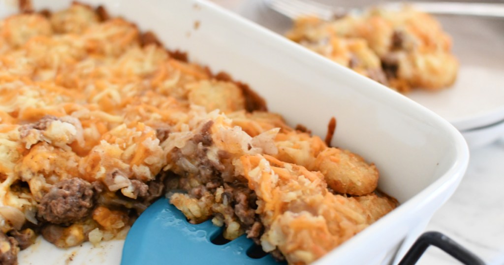 dishing up tater tot casserole