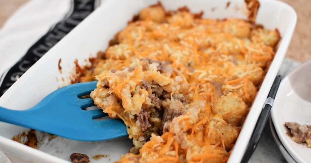 tater tot casserole on a spatula