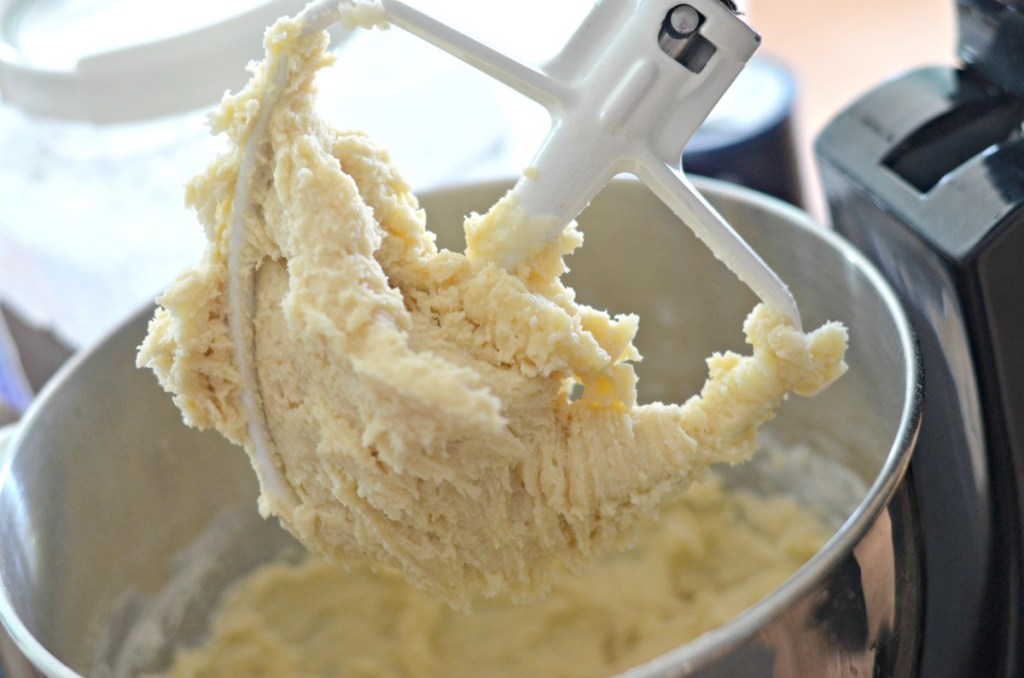 Sugar cookie batter in mixer with paddle attachment