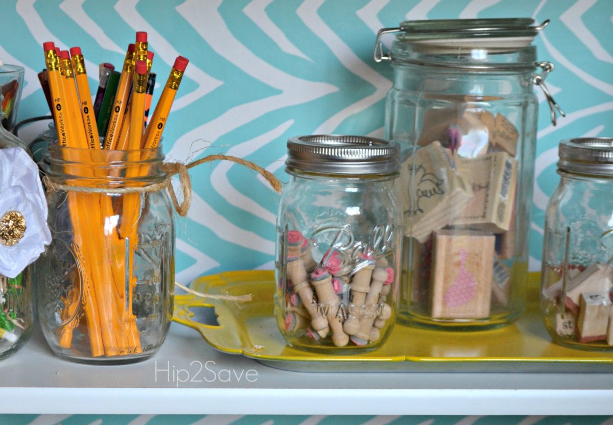 Craft supply organizing with mason jars Hip2Save