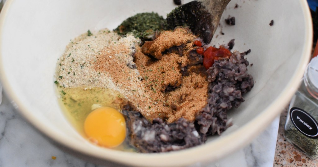 mixing bowl with black bean burger