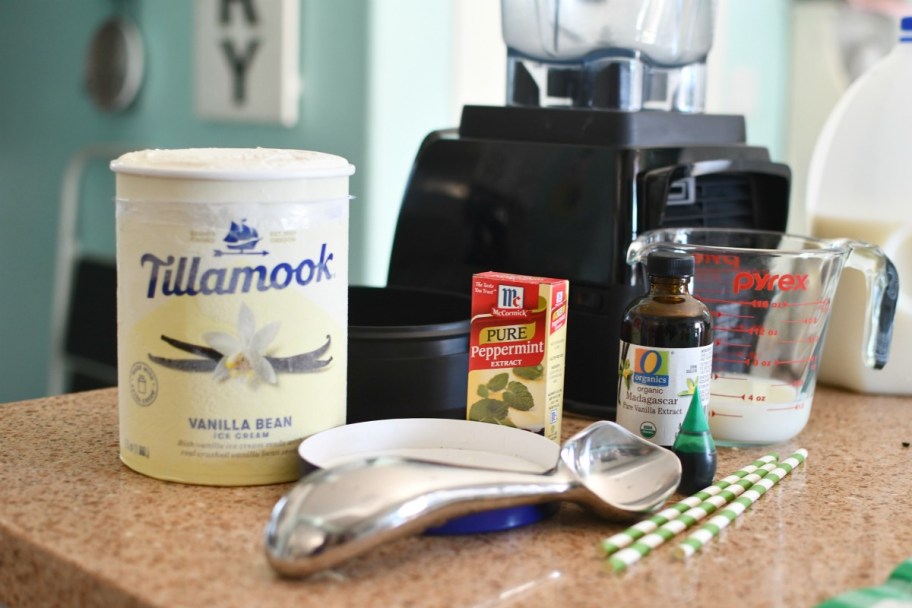 copycat shamrock shake recipe ingredients on the counter