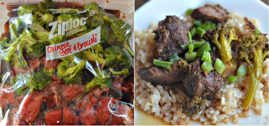 freezer bag with beef and broccoli meal