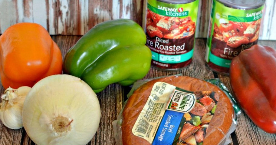 ingredients for sausage and peppers freezer meal 
