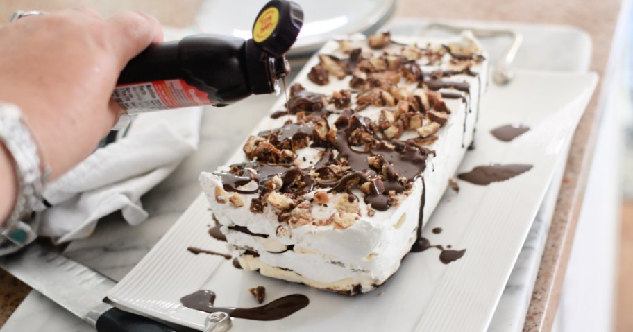 chocolate drizzle on an easy ice cream sandwich cake recipe