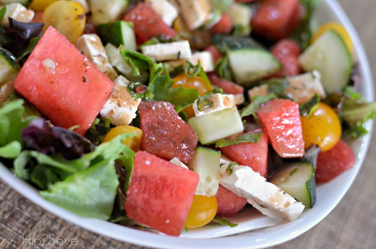 watermelon feta salad closeup