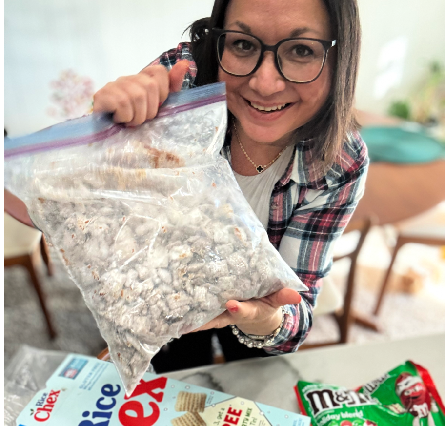 shaking a bag of muddy buddies