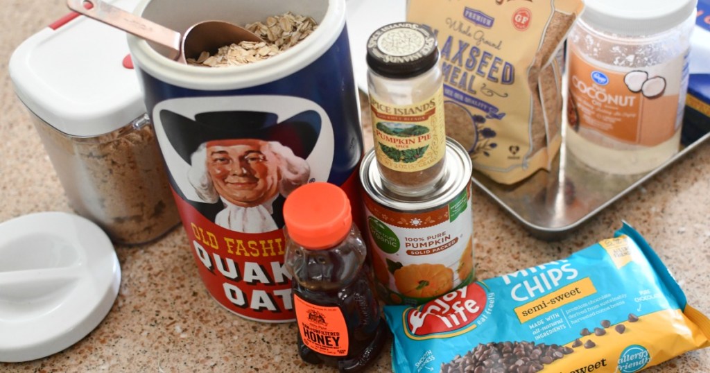 ingredients for pumpkin chocolate chip granola bars on the counter 