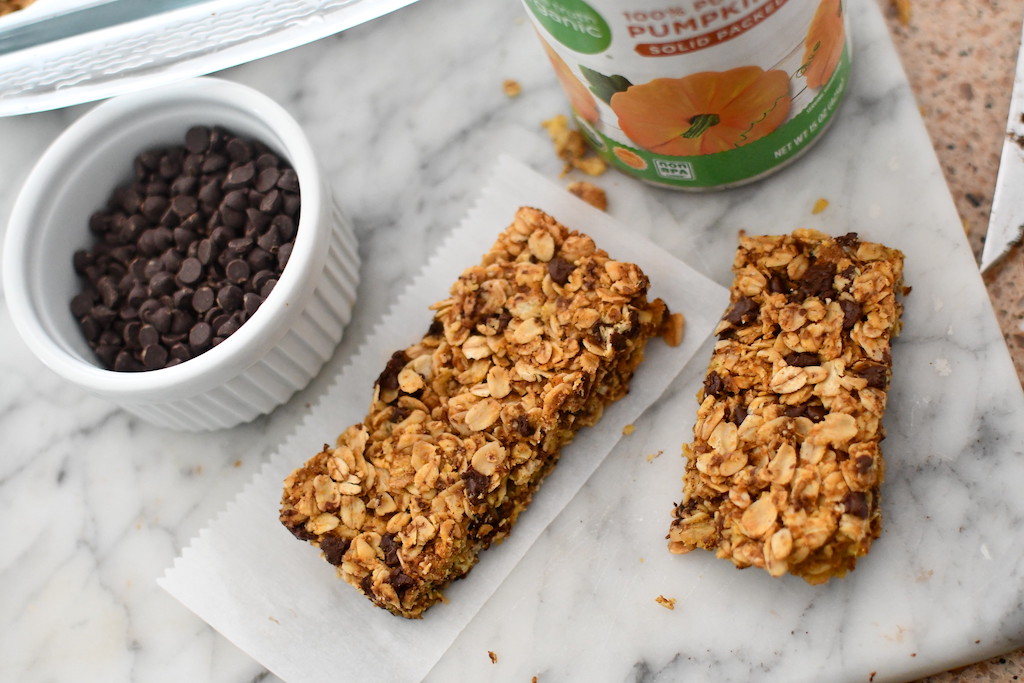 pumpkin chocolate chip granola bars on counter 