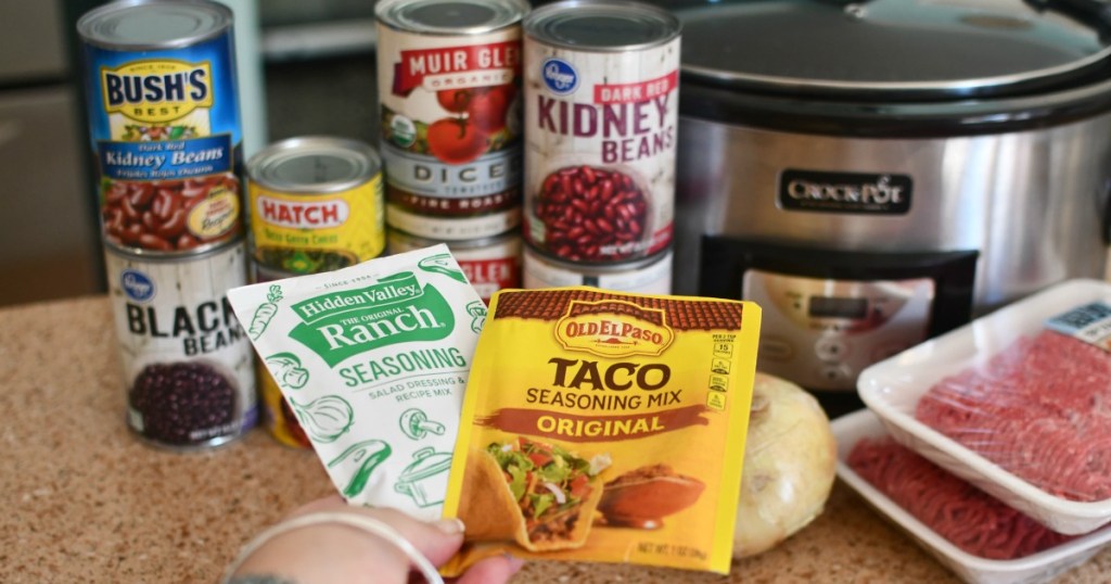 pantry ingredients fro ranch taco soup on the counter