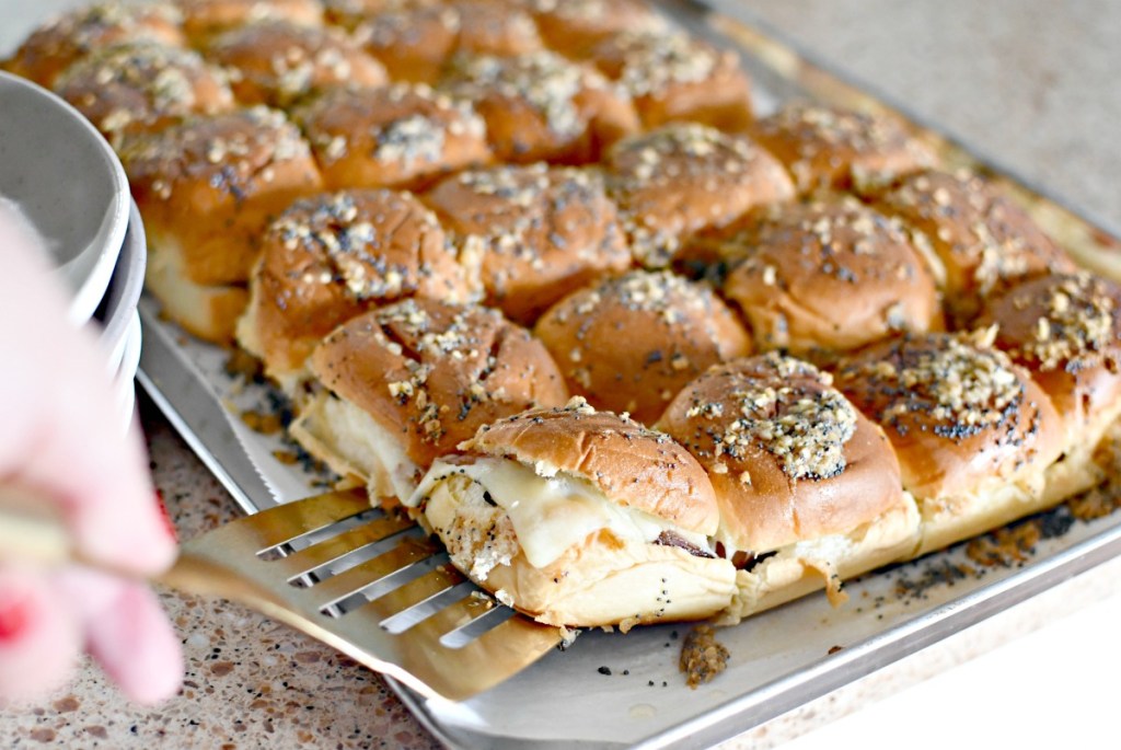 sheet pan of melted ham and cheese sliders