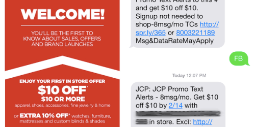 JCPenney: $10 Off $10 In-Store Purchase Coupon (Text Offer)