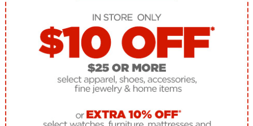 JCPenney: $10 Off $25 In-Store Coupon – Includes Sale & Clearance Items (+ 25% Off Online Thru Today)