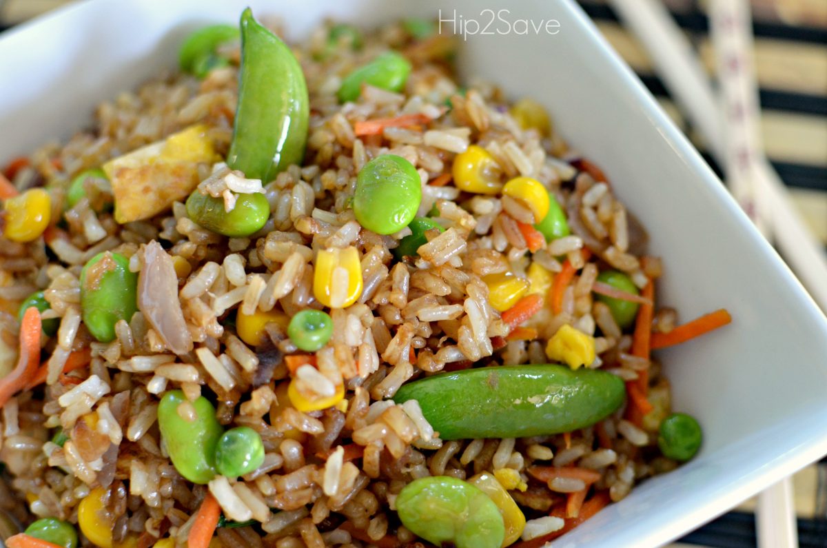 veggie fried rice in square white bowl