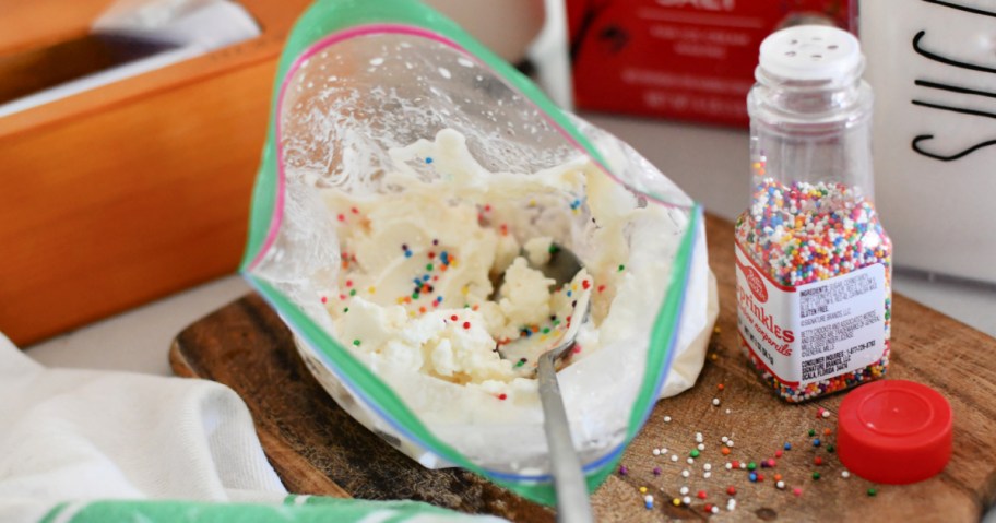 spoon with ice cream in a bag