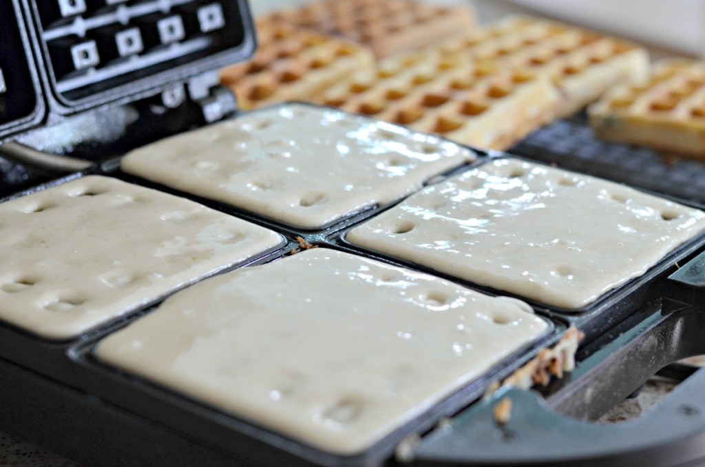 making waffles in a waffle iron