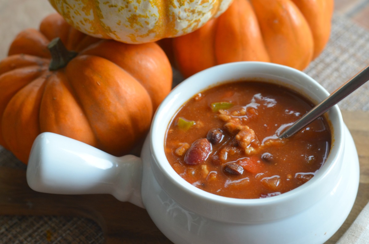 pumpkin turkey chili in white ramekin