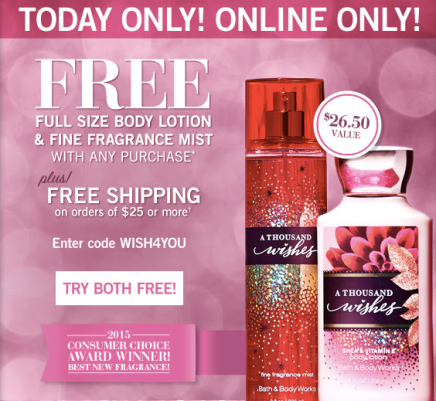 Bath &amp; Body Works: Free Full-Size Fine Fragrance Mist and Body Lotion ($26.50 Value) with ANY Purchase Today Only