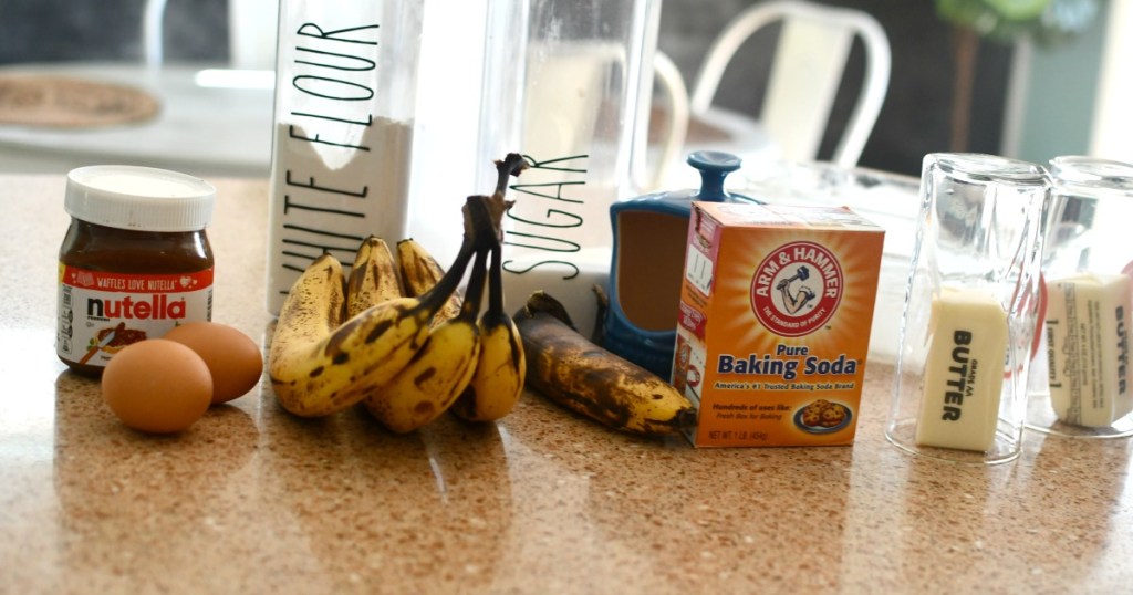 ingredients for nutella banana bread on the counter