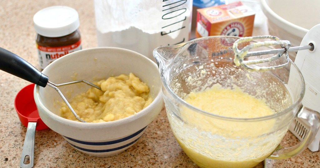 mashing bananas for banana bread