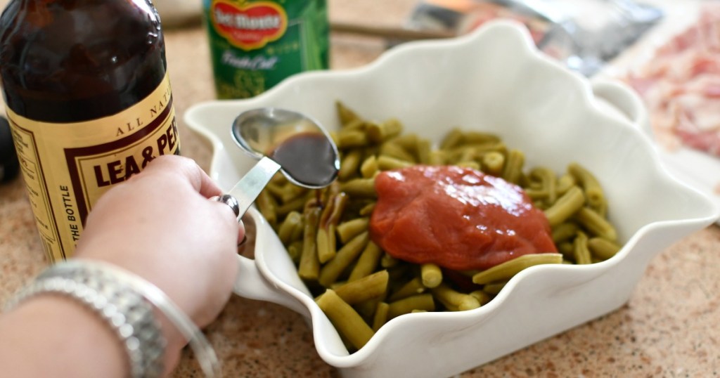 green beans with bacon in a casserole dish