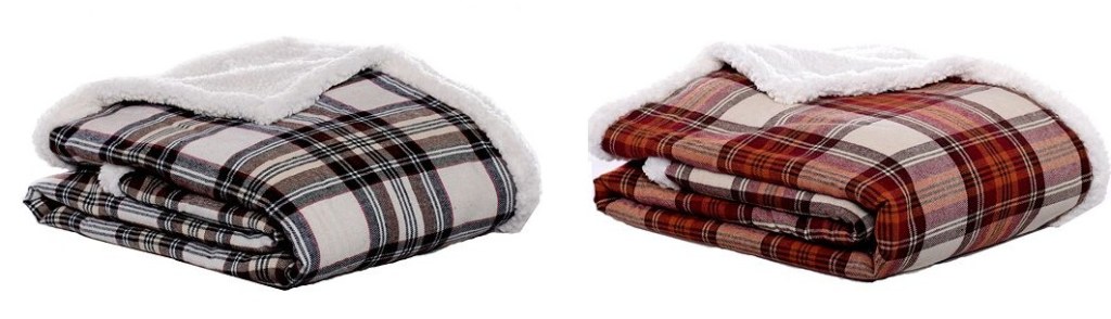 Eddie Bauer Plaid Flannel & Sherpa Reversible Throw