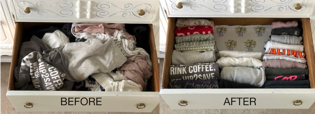 before and after of messy drawer vs clean and organized