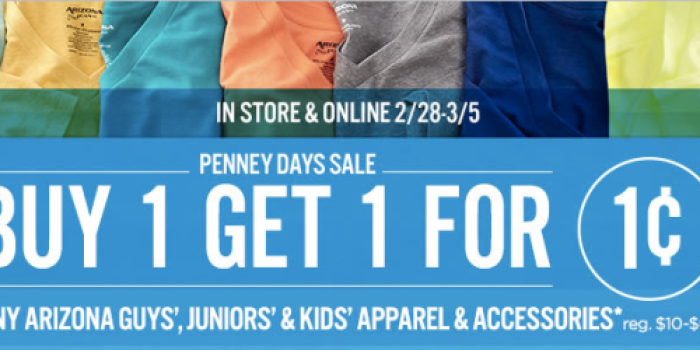 JCPenney: Buy 1 Get 1 For 1¢ Arizona Apparel & Accessories = Arizona Uniform Khakis Only $15