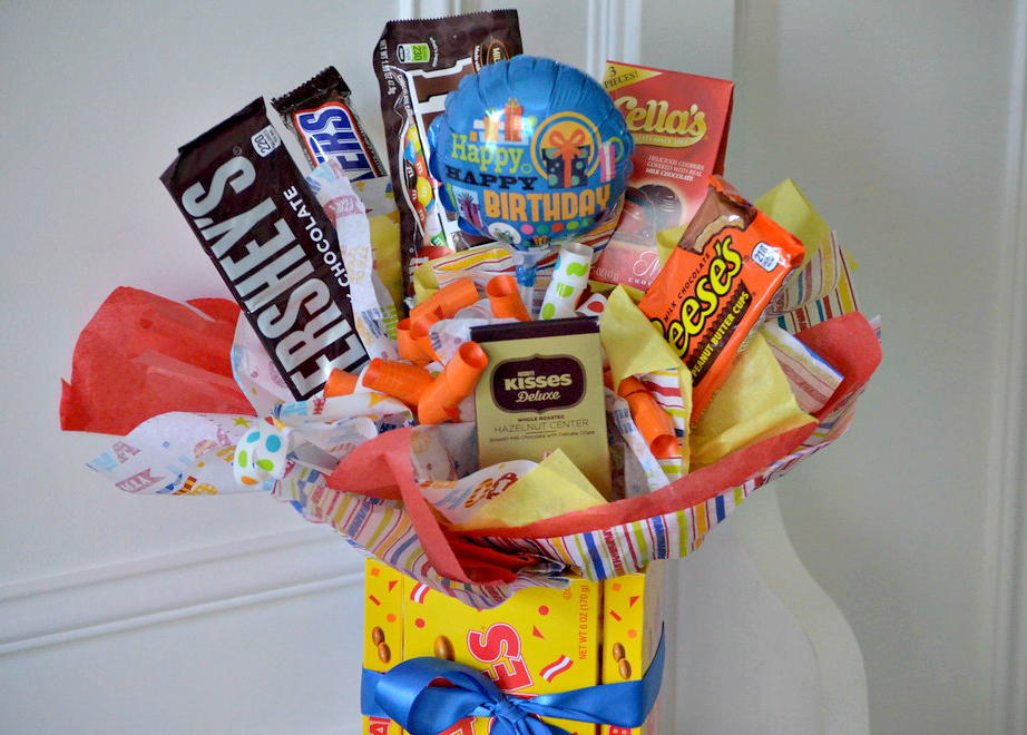 bouquet of birthday candy and tissue paper 