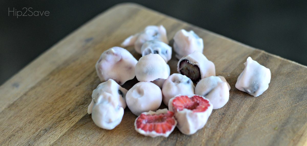 Easy Frozen Yogurt Fruit Bites small bites on a wooden tray