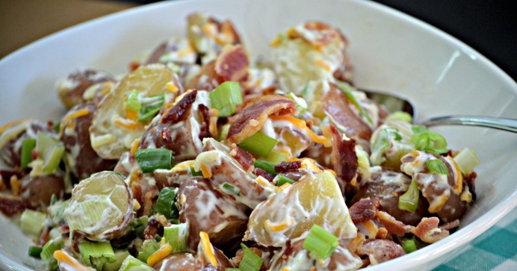 Loaded potato salad in a bowl