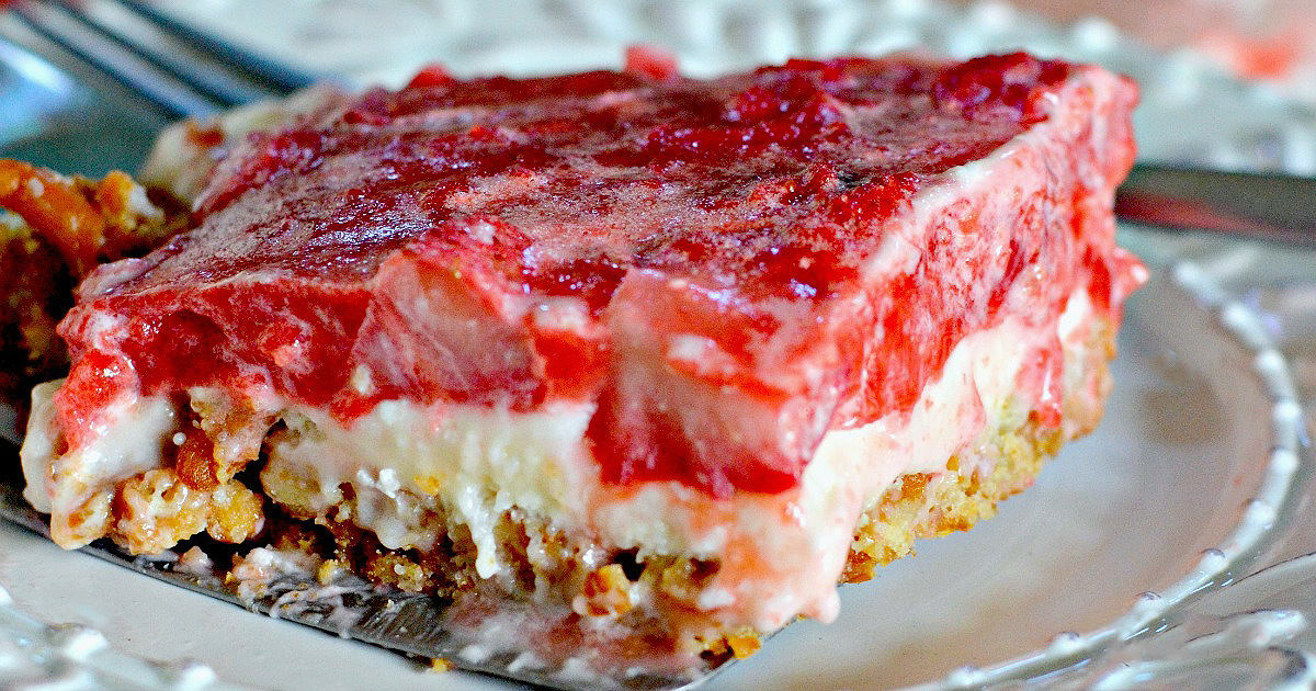 strawberry pretzel salad dessert on spatula 