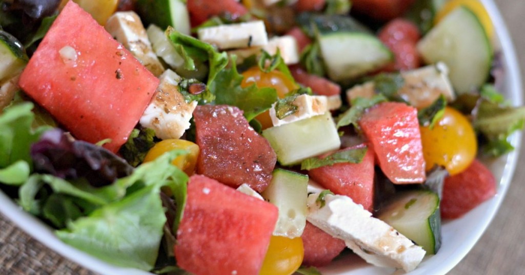 watermelon feta salad in bowl 