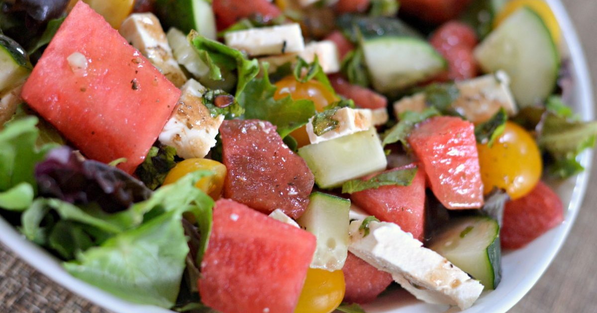 watermelon feta salad in a bowl