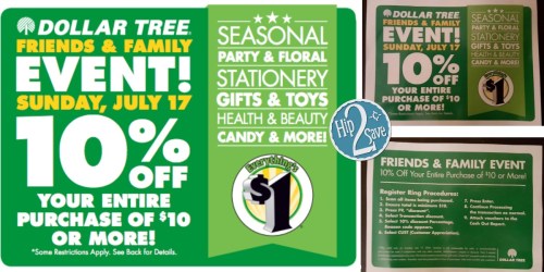 Dollar Tree: Rare 10% Off a $10+ In-Store Purchase Coupon (Valid 7/17 Only)