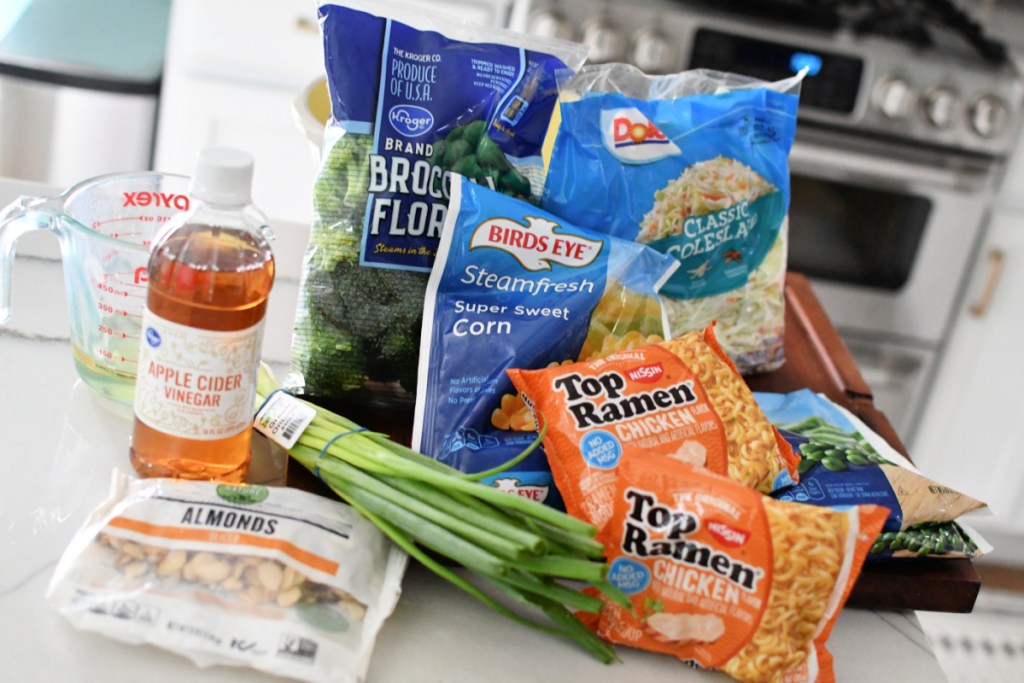 ingredients for ramen salad on the counter 