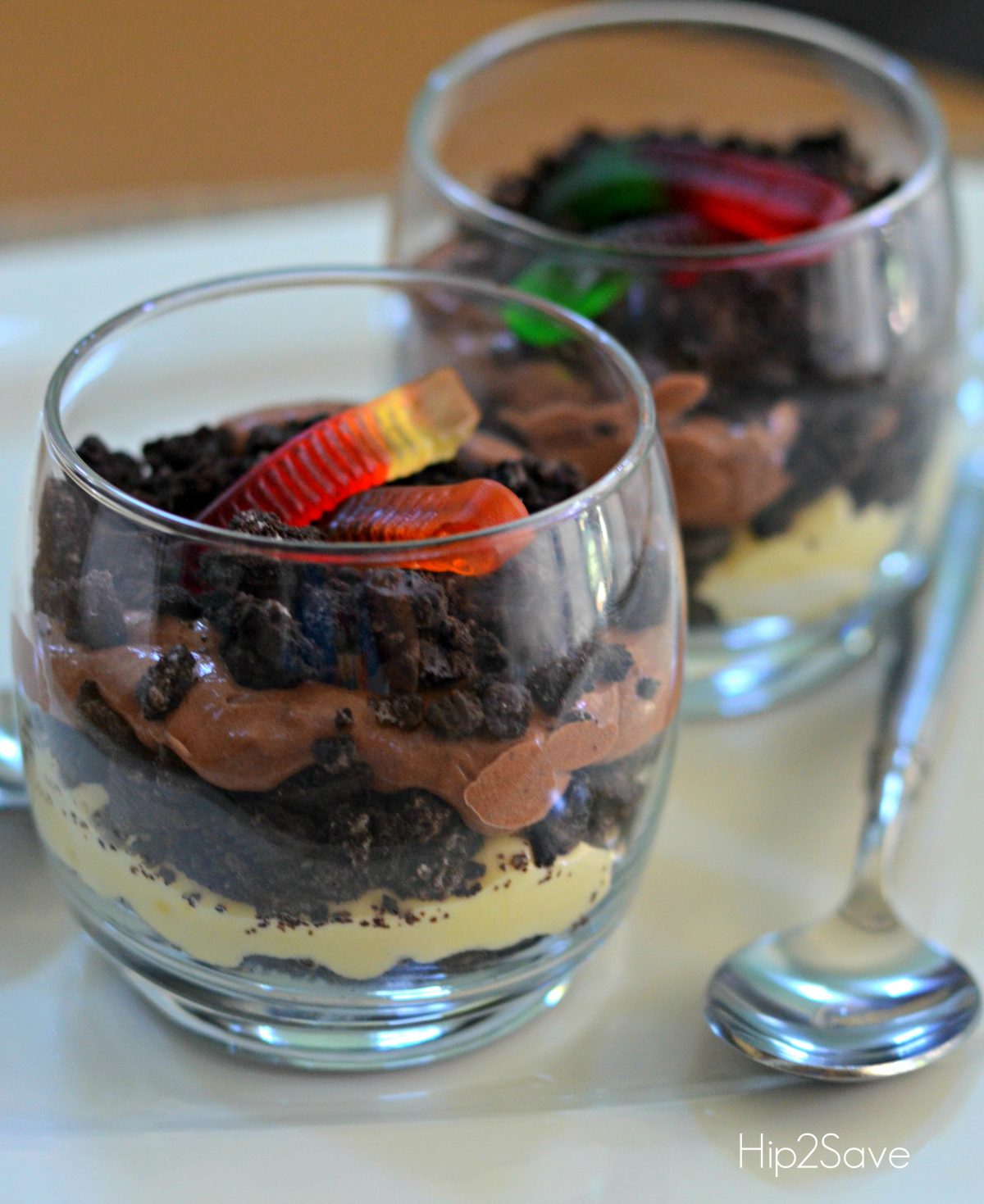 Pudding Sand and Dirt Food closeup of the clear cups