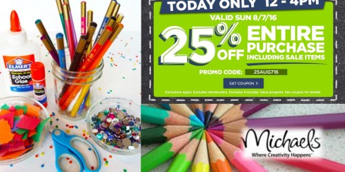 Michael’s: 25% Off ENTIRE Purchase Including Sale Items (12 – 4PM, Today Only)