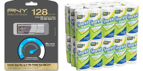 Staples: PNY Turbo 128GB USB 3.0 Flash Drive Only $19.99 & 30 Sparkle Paper Towel Rolls Only $19.99