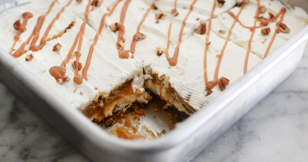 4 layer pumpkin dessert in a square pan