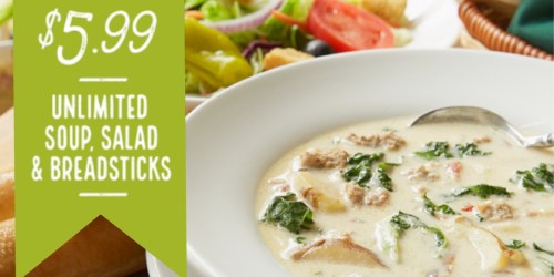 Olive Garden: Unlimited Soup, Salad and Breadsticks ONLY $5.99 (Until 4PM Through 10/21)