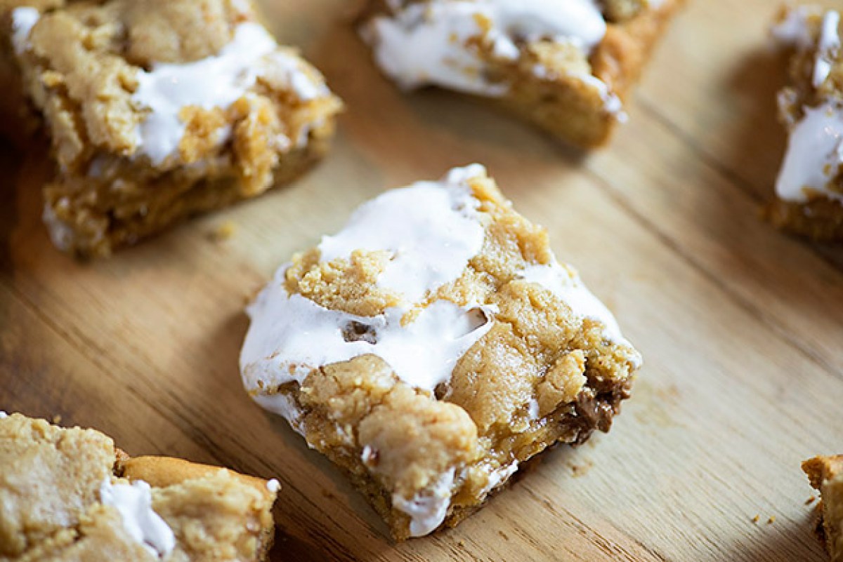 Fluffernutter cookie bars on cutting board