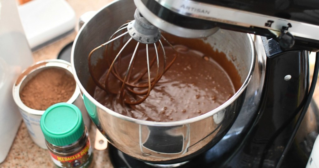 cake batter in a KitchenAid Mixer