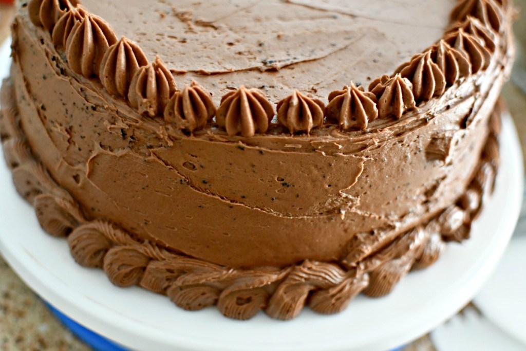 chocolate cake up close with chocolate frosting